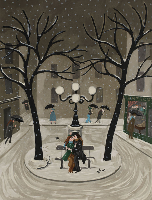 レイモン・ペイネ【雪のベンチ】オリジナルリトラフ版画 作家自筆サイン入り【額付】50部限定 57x43㎝ 1985年制作 額サイズ86x64cm