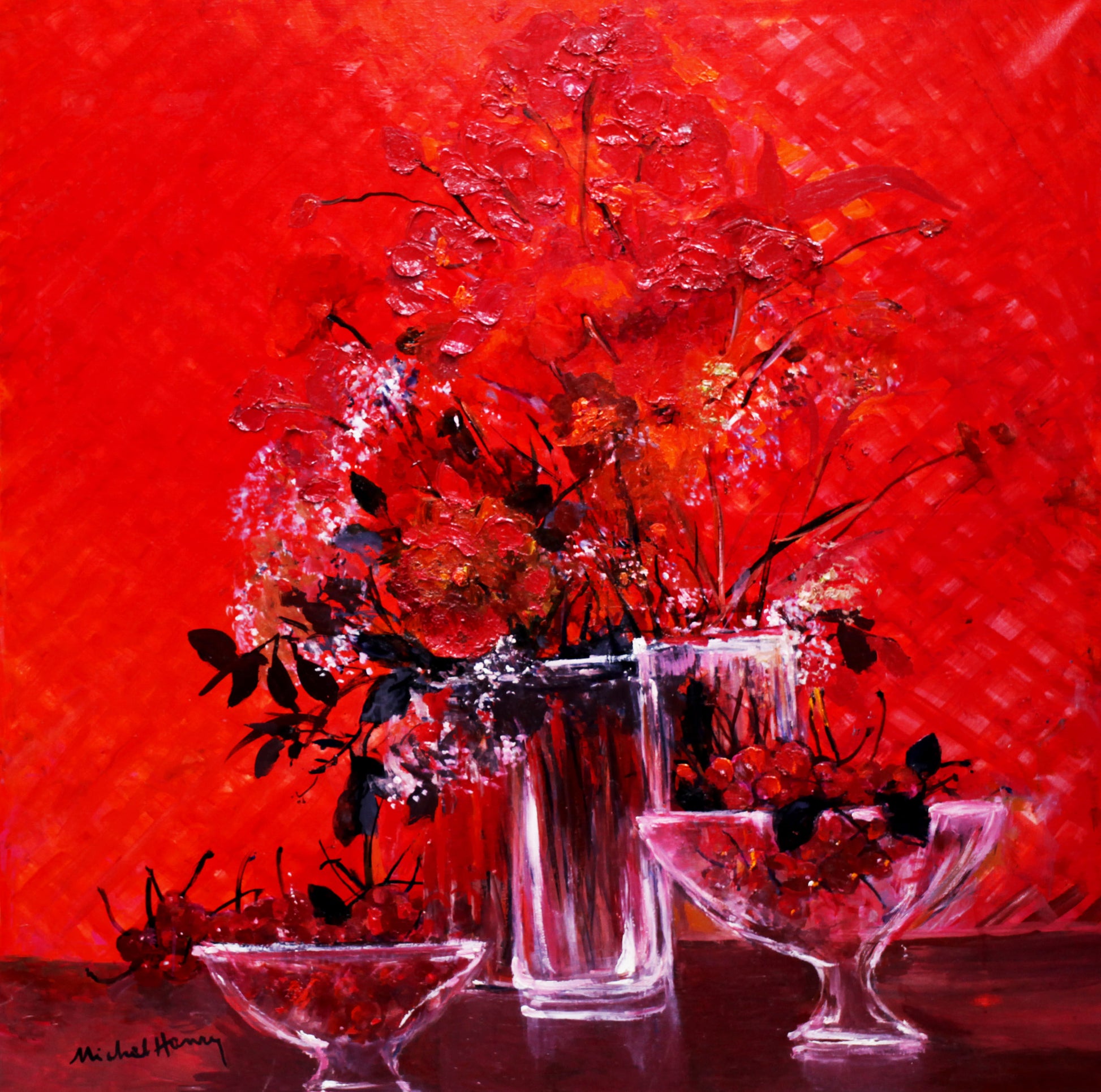 ミッシェル・アンリ　【透明な赤】　油彩１００ｘ１００㎝　【額入】　ギャルリー亜出果が直接ミッシェル・アンリから購入した作品です　