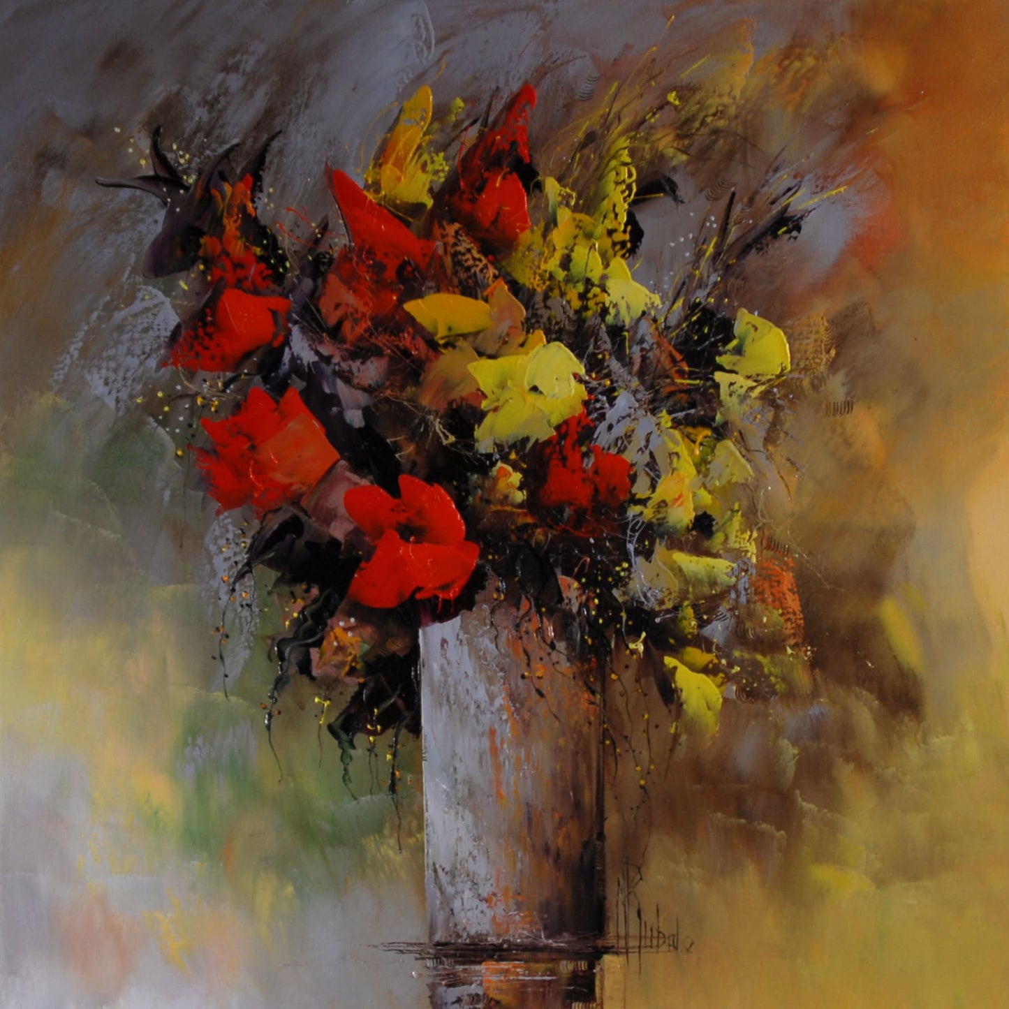 マニュエル・リュバロ作　油彩画６０ｘ６０ｃｍ　黄色、　ブルーグレイとグリーンの幻想的な背景に赤と黄色の花弁のブーケが描かれている。
