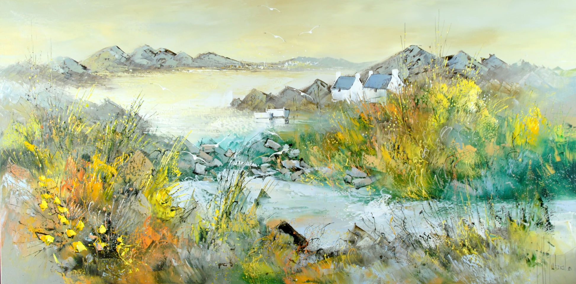 マニュエル・リュバロ　油彩６０ｘ１２０ｃｍ　２００８年制作　ブルターニュ半島の海辺に黄色い花や黄色く色づいた草が描かれている。静寂な海辺の色彩を感じさせない風景に、黄色い草花の明るく強烈な黄色がショックを与えている。