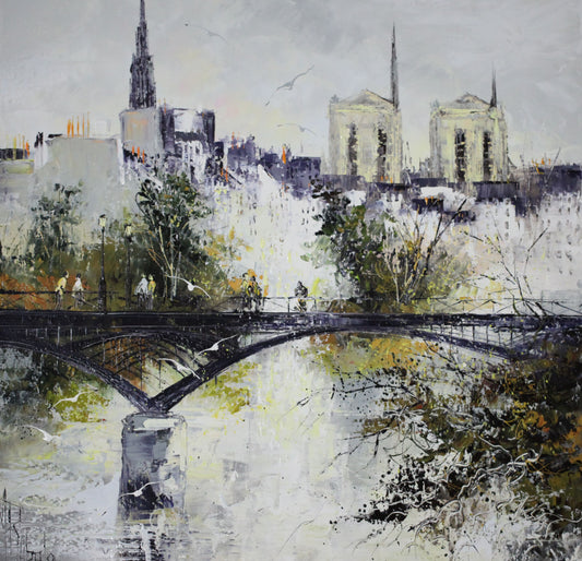 マニュエル・リュバロ　【パリのアート橋】　60x60cm油彩　2014年制作　【額付】　パリのセーヌ川に掛かる橋で、右岸のルーブル美術館と左岸のパリ高等美術学校を結ぶのでアートの橋という事で、アート橋という名前がついている