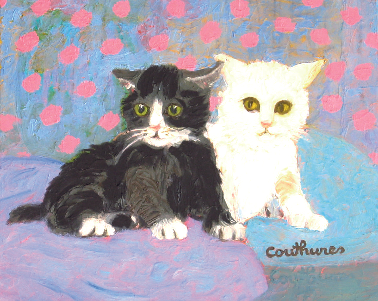 ダニエル・クチュール　「二匹の子猫」油彩３号　2010年制作「額付」