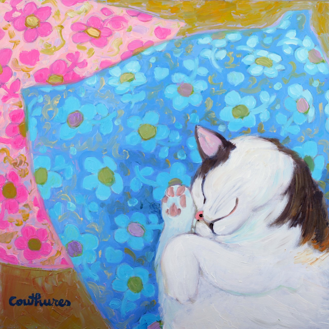 ダニエル・クチュール　「猫の昼寝」　油彩30x30cm 2011年制作「額付」