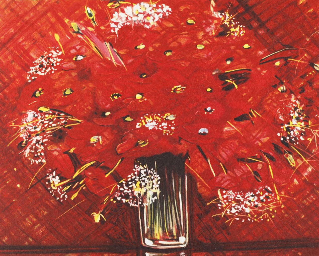 ミッシェル・アンリ　【赤いブーケ】オリジナルリトグラフ版画　作家自筆サイン入り【額付】　　ギャルリー亜出果がミッシェル・アンリと共同で制作した作品です。