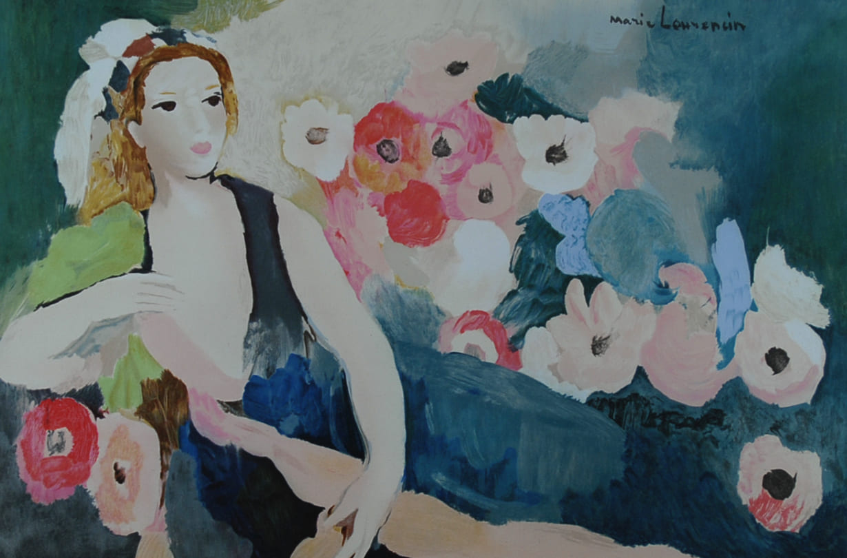 マリー・ローランサン　【ブーケに囲まれた女】名作リトグラフ　刷師サイン入り限定部数【額付】イメージサイズ４４ｘｘ６７㎝　額サイズ６４ｘ８７㎝  
